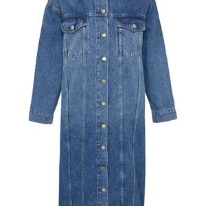 Denim Blue Women Trench Coat Dress, Classy Midi Trench Coat, Spring Long Sleeve Jean Loose Denim Belted Trench Dress image 5