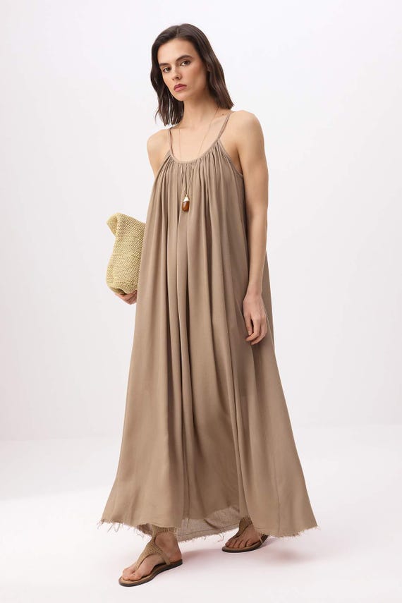 viscose summer dress Brown Maxi Dress, Relaxed Fit Woven Chlorine Bleach When Needed Loose Woven Viscose Dress With