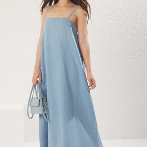 Light Blue Sleeveless Square Neck Oversized Maxi Denim Dress, Casual Long Jean Dress, Trendy Summer Dress, Loose Fit Denim Maxi