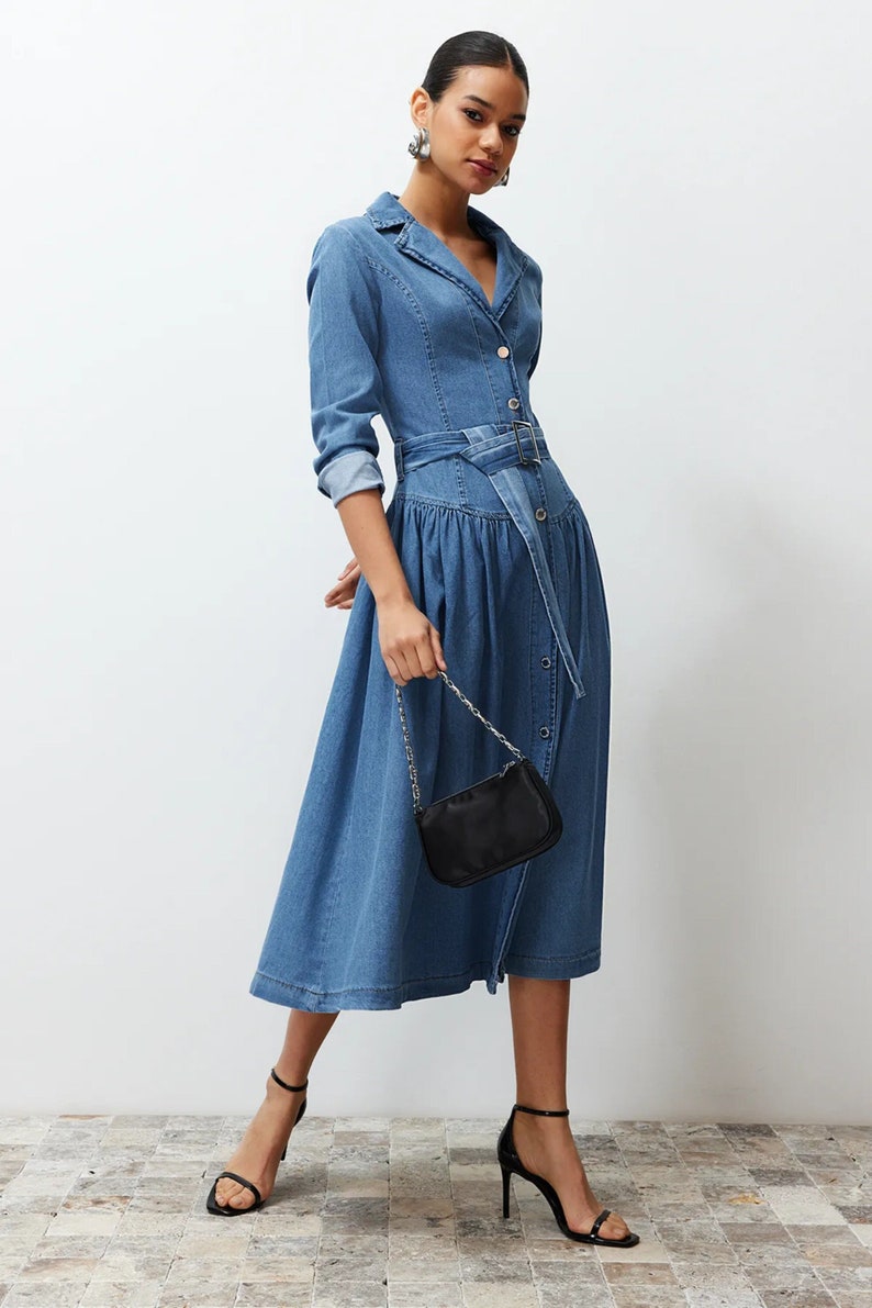 Stylish Belted Blue Jean Maxi Dress Trendy Belted Jean Dress Mid-Sleeve Belted Jean Dress Knee-Length Casual Shirt Collar Denim Dress image 1