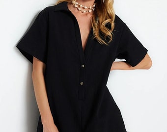 Black Muslin Cloth Jumpsuit, Short Detailed Muslin Jumpsuit - Cotton Overalls, Linen Romper, Gift for women, Short Sleeve Linen Romper
