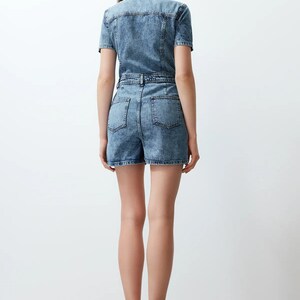 Denim Blue Short Detailed Jean Jumpsuit Above Knee-Length Denim Short Romper Blue Denim Short Overall Casual Summer Romper image 4