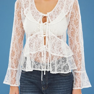 Lace fabric blouse with frill and tie detail, regular fit, comfortable woven lace shirt perfect for casual or semi-formal occasions