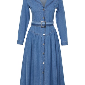 Stylish Belted Blue Jean Maxi Dress Trendy Belted Jean Dress Mid-Sleeve Belted Jean Dress Knee-Length Casual Shirt Collar Denim Dress image 3