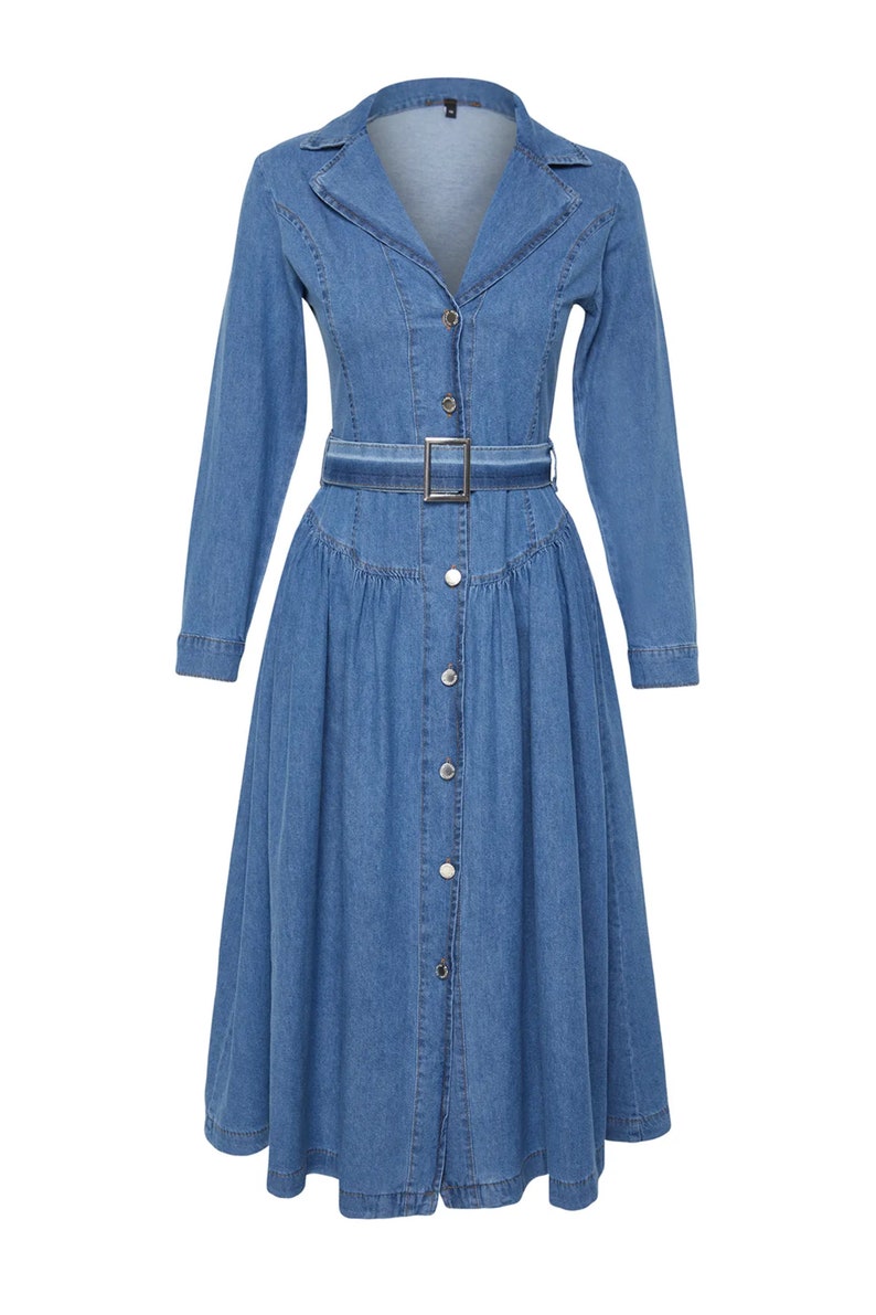 Stylish Belted Blue Jean Maxi Dress Trendy Belted Jean Dress Mid-Sleeve Belted Jean Dress Knee-Length Casual Shirt Collar Denim Dress image 3