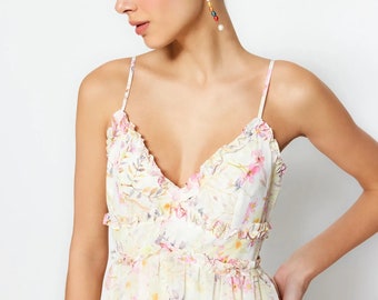 Ecru Maxi Chiffon Strappy Summer Dress | Ecru Floral Patterned A-Line Ruffle Detailed Lined Chiffon Maxi Woven Dress | Maxi Strappy Dress