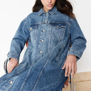 Denim Blue Women Trench Coat Dress, Classy Midi Trench Coat, Spring Long Sleeve Jean Loose Denim Belted Trench Dress image 7