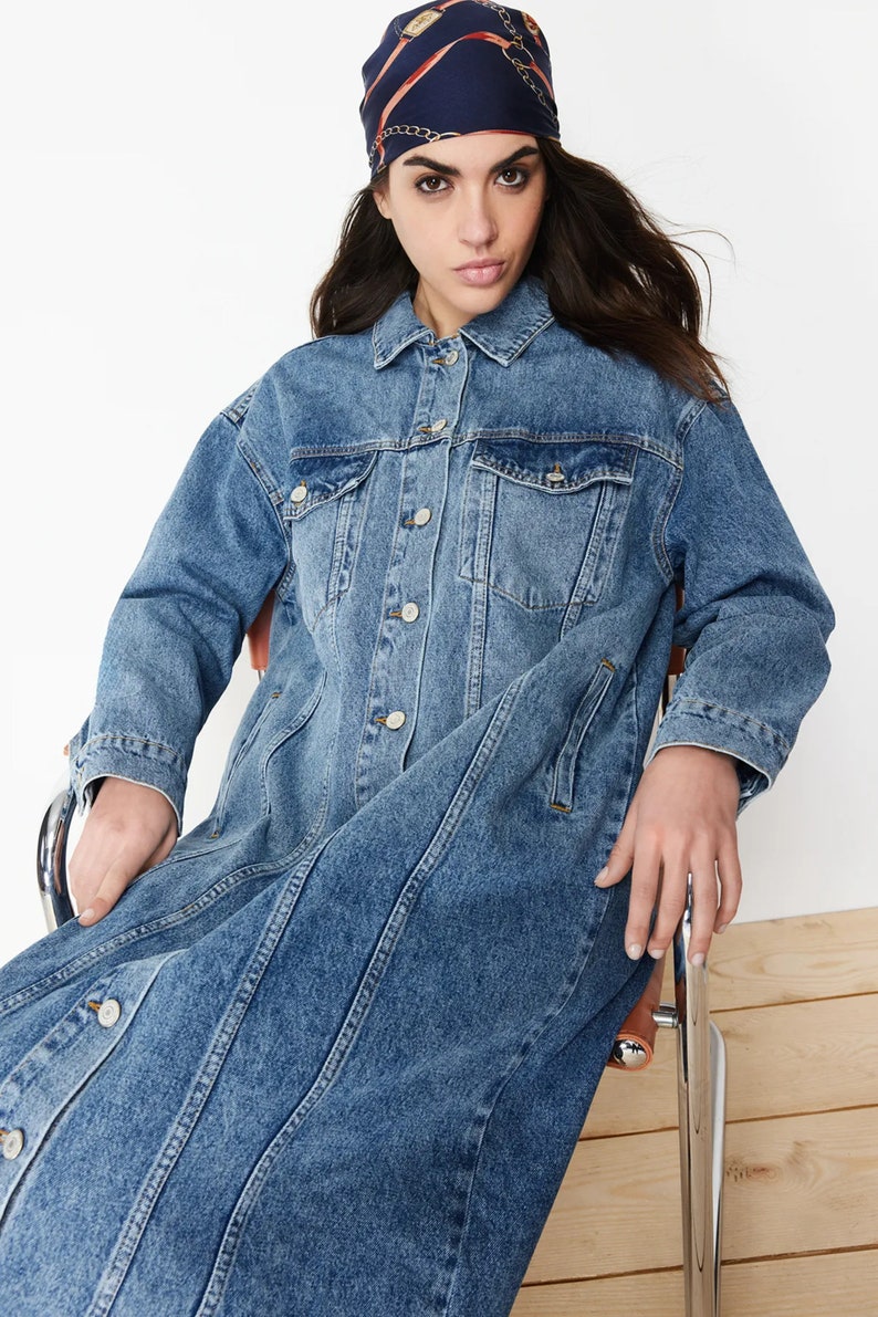 Denim Blue Women Trench Coat Dress, Classy Midi Trench Coat, Spring Long Sleeve Jean Loose Denim Belted Trench Dress image 7