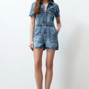 Denim Blue Short Detailed Jean Jumpsuit Above Knee-Length Denim Short Romper Blue Denim Short Overall Casual Summer Romper image 2