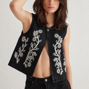 Black Embroidered Button-Up Denim Vest for Women, Casual Sleeveless Jean Jacket, Summer Outfit, Lightweight & Stylish, Denim Vest for Women