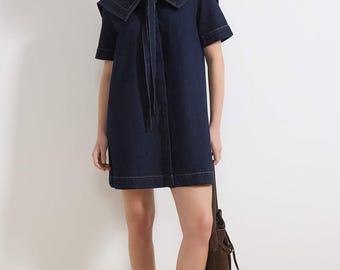 Jeans Mini Kleid, Matrosen Kragen, Sommerkleid aus 100% Baumwolle