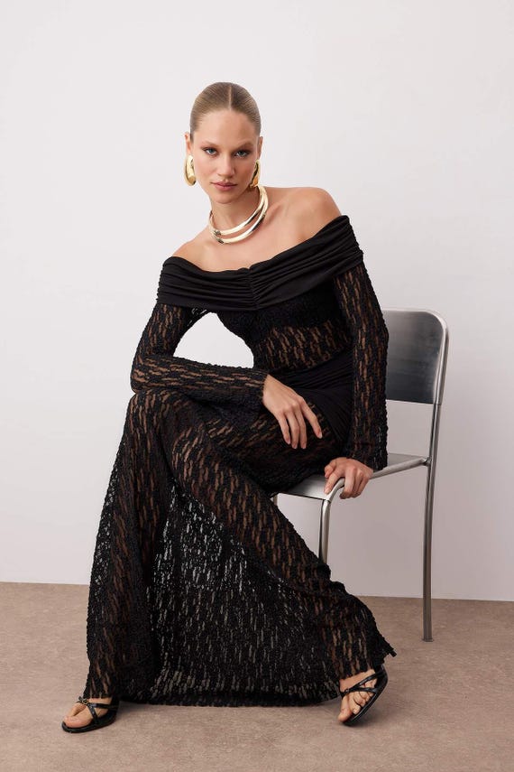 black fishtail dress Black Fishtail Lace Knitted Maxi Evening Dress, Elegant Prom & Graduation Gown for Women