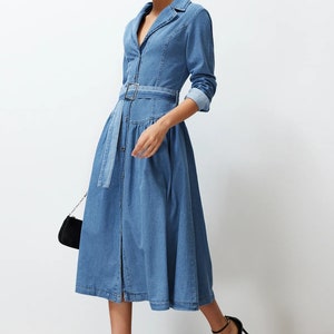 Stylish Belted Blue Jean Maxi Dress Trendy Belted Jean Dress Mid-Sleeve Belted Jean Dress Knee-Length Casual Shirt Collar Denim Dress image 6