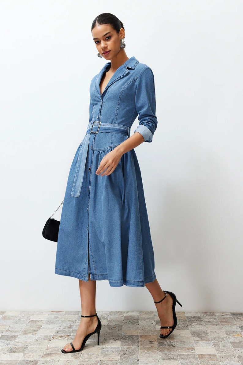 Stylish Belted Blue Jean Maxi Dress Trendy Belted Jean Dress Mid-Sleeve Belted Jean Dress Knee-Length Casual Shirt Collar Denim Dress image 6