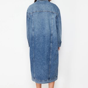 Denim Blue Women Trench Coat Dress, Classy Midi Trench Coat, Spring Long Sleeve Jean Loose Denim Belted Trench Dress image 3