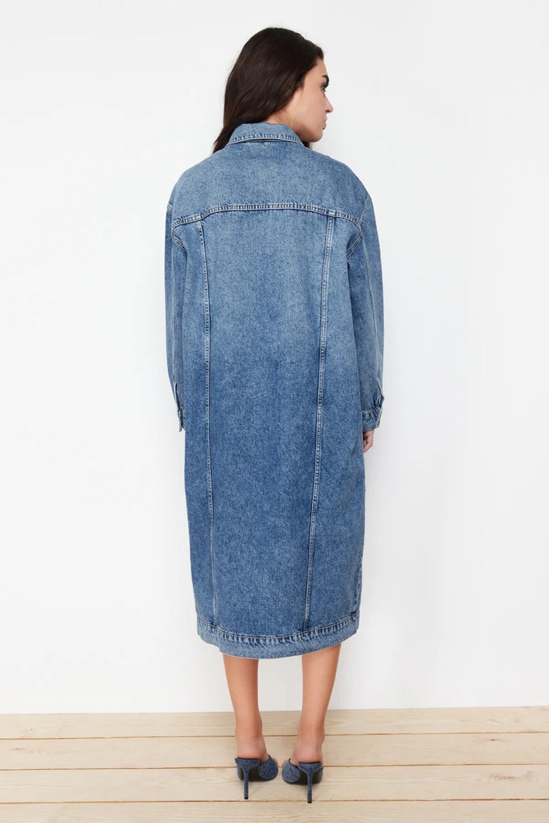 Denim Blue Women Trench Coat Dress, Classy Midi Trench Coat, Spring Long Sleeve Jean Loose Denim Belted Trench Dress image 3