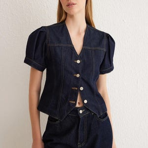 Dark Blue Short Balloon Sleeve V-Neck Denim Blouse for Women - Casual Chic, Loose-Fit Summer Top - Bohemian Style Cotton Fabric