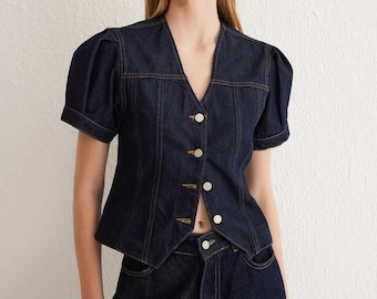 Dark Blue Denim Blouse: Women's Balloon Sleeve V-Neck Cotton Top