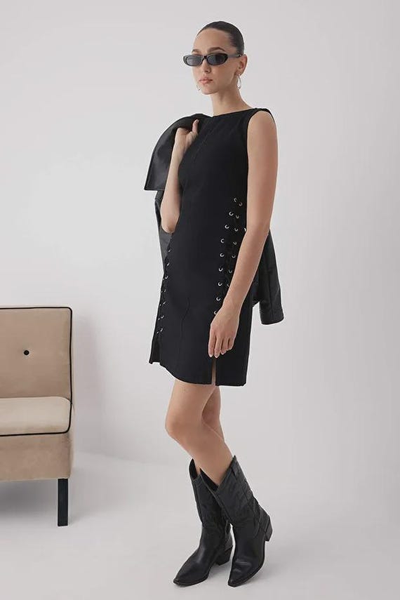 little black dress denim jacket Little Black Dress Jean Jacket Outfit with Little Black Boots