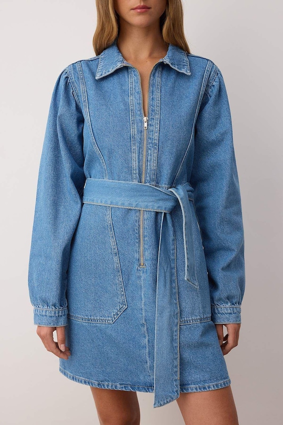 Blue Denim Mini Dress: Long Sleeve Jean Dress, Fitted Streetwear