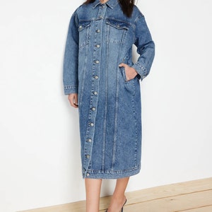 Denim Blue Women Trench Coat Dress, Classy Midi Trench Coat, Spring Long Sleeve Jean Loose Denim Belted Trench Dress image 4