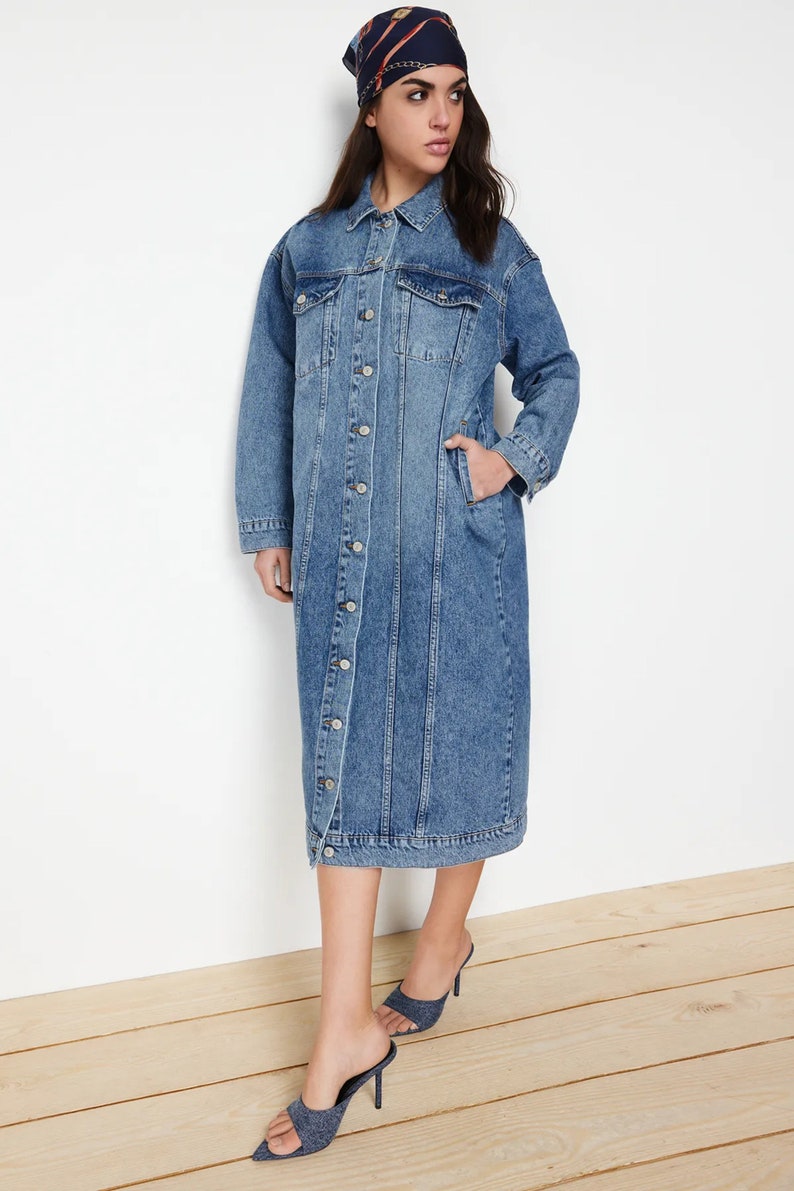 Denim Blue Women Trench Coat Dress, Classy Midi Trench Coat, Spring Long Sleeve Jean Loose Denim Belted Trench Dress image 4