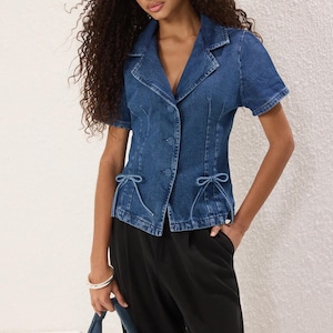Blue Bow Detail Denim Shirt – Feminine Button-Up Jean Blouse, Trendy Puff Sleeve Shirt, Casual Chic Denim Top for Women, Denim Top for Women