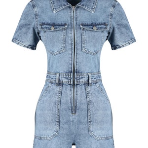 Denim Blue Short Detailed Jean Jumpsuit Above Knee-Length Denim Short Romper Blue Denim Short Overall Casual Summer Romper image 6