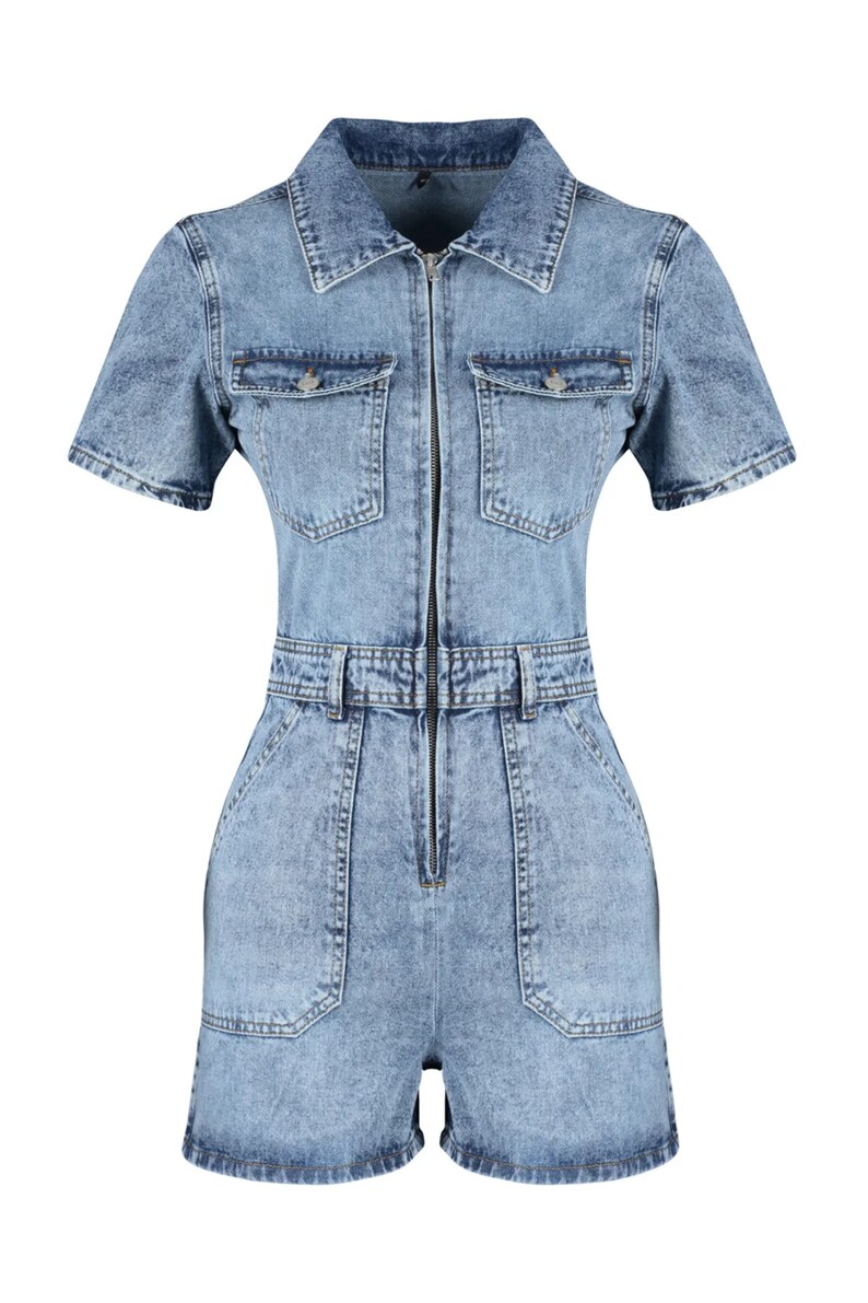 Denim Blue Short Detailed Jean Jumpsuit Above Knee-Length Denim Short Romper Blue Denim Short Overall Casual Summer Romper image 6