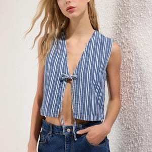 Striped Denim Crop Vest: Tie Front Sleeveless Top - Boho Cottagecore