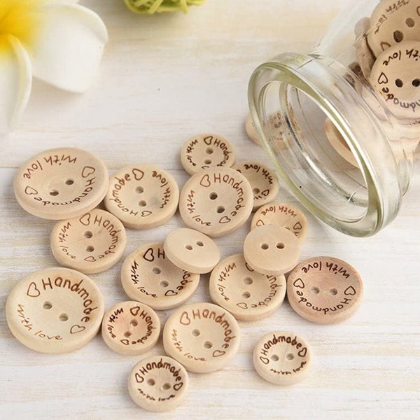 Handmade With Love Wooden Buttons - Sewing Scrapbooking Cards Crafts 15/20/25mm