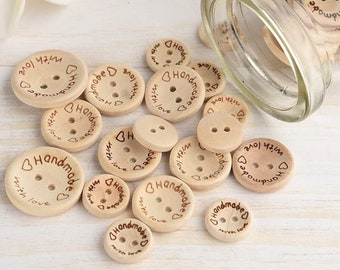 Handmade With Love Wooden Buttons - Sewing Scrapbooking Cards Crafts 15/20/25mm