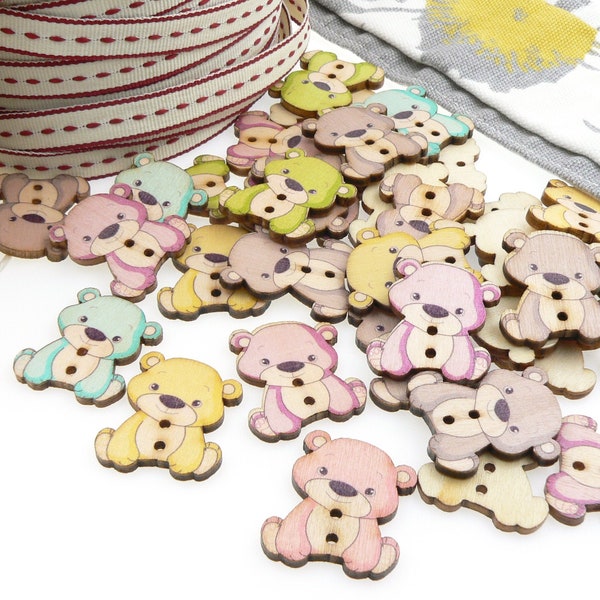 Boutons en bois colorés d’ours de nounours - artisanat de cartes de scrapbooking de couture - magasin du R-U