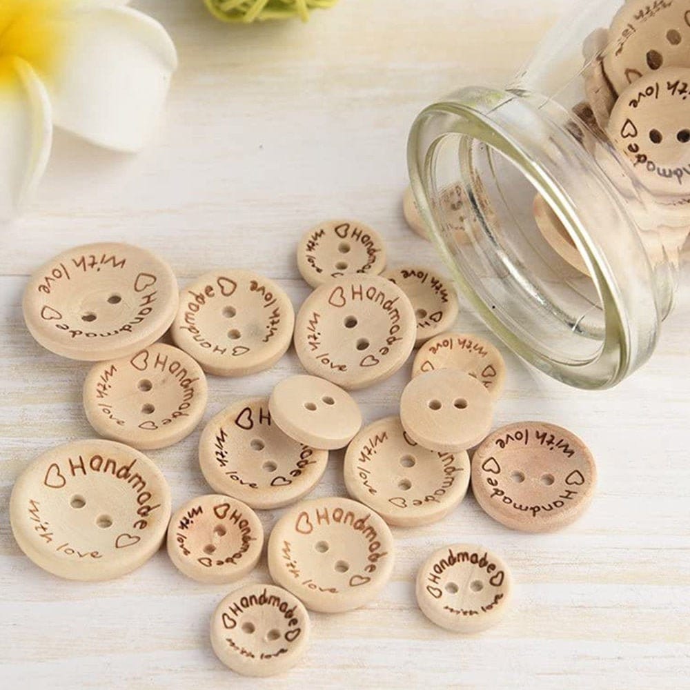9 X 20mm HANDMADE WITH LOVE 'knitted' Wooden Buttons, Knitted