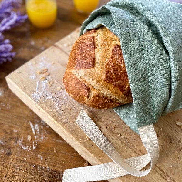 Linen Bread Bag | Handmade | Canada | Green | Drawstring | Rustic | Sac a Pain | Birthday Gifts