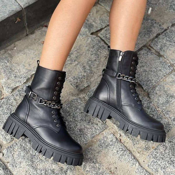 women's genuine leather combat boots