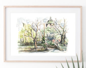 Waterlow Pond & St Joseph's Dome - Highgate - Original A4 Print - Giclee - Art Gift