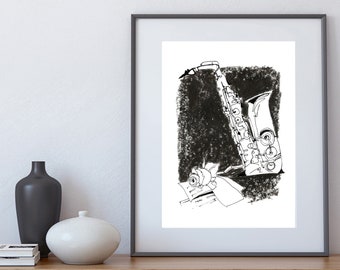 The Blues in Black - A4 Giclée Print - Saxofón