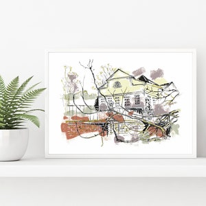 May include: A framed art print featuring a watercolor illustration of a building with a yellow facade, surrounded by trees and branches. The artwork has a sketch-like quality with muted tones of green, brown, and yellow. The print is displayed on a white shelf with potted plants.