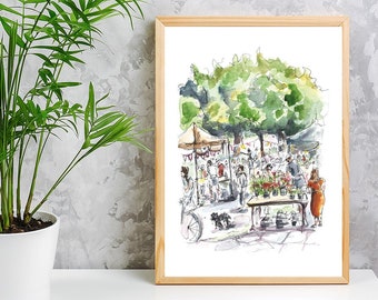 Feria en la plaza, Puesto de plantas / Edición limitada A4 Giclée Art Print / Highgate