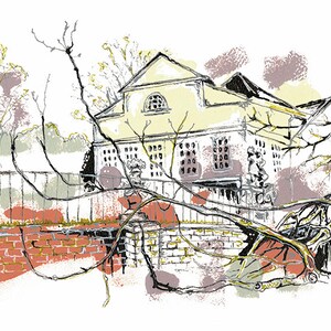 May include: An illustration of a building with a light yellow facade, a dark roof, and multiple windows. A brick wall and a fence are in the foreground, with tree branches and foliage partially obscuring the view. The artwork uses muted colors.
