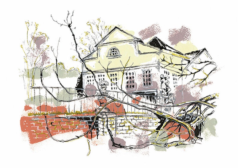 May include: An illustration of a building with a light yellow facade, a dark roof, and multiple windows. A brick wall and a fence are in the foreground, with tree branches and foliage partially obscuring the view. The artwork uses muted colors.