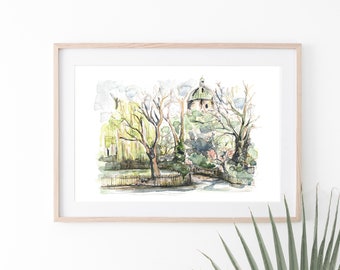 Waterlow Pond & St Joseph's Dome - Highgate - Original A3 Print - Giclee - Art Gift