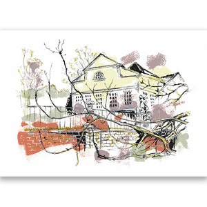 May include: An artistic print of a building with a light yellow facade, detailed with numerous windows. The artwork features a brick wall in shades of red and brown, with tree branches and foliage in the foreground. The style is reminiscent of a sketch.
