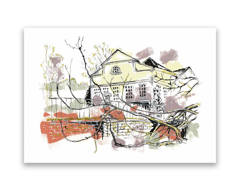 May include: An artistic print of a building with a light yellow facade, detailed with numerous windows. The artwork features a brick wall in shades of red and brown, with tree branches and foliage in the foreground. The style is reminiscent of a sketch.