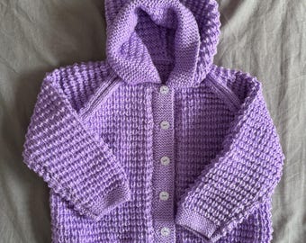 Hand‑Knitted Lavender Kids Hoodie Cardigan • Size 5–6 Years • Soft Textured Knit • Handmade Children’s Sweater • Gift for Girls or Boys
