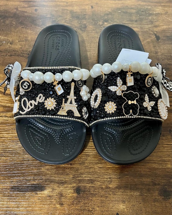 CROCS Black Slide Sandals with Colorful Charms Crocs Slides Sandals Sz M8/W10 Black Tie Dye | eBay main image 2