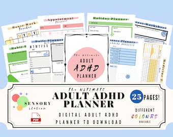 Könnte beinhalten: Ein digitaler Planer, der für Erwachsene mit ADHS entwickelt wurde. Der Planer hat 25 Seiten und ist in verschiedenen Farben erhältlich. Das Cover zeigt den Text "The Ultimate Adult ADHD Planner" und eine sensorische Station mit einem PDF-Symbol.
