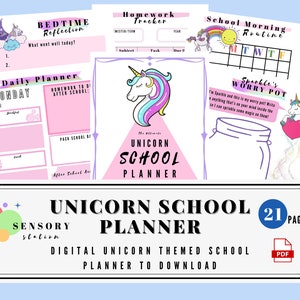 May include: A digital planner for school with a unicorn theme. The planner includes pages for daily planning, homework tracking, bedtime reflection, and a worry pot. The planner is pink and purple with illustrations of unicorns and rainbows. The text on the cover reads "The Ultimate Unicorn School Planner".