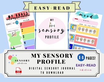Puede incluir: Un diario sensorial digital titulado "My Sensory Profile" con el texto "Easy-Read edition". El diario incluye páginas para objetivos, desafíos y seguimiento del estado de ánimo. El diseño presenta gráficos coloridos y el texto "14 páginas!"